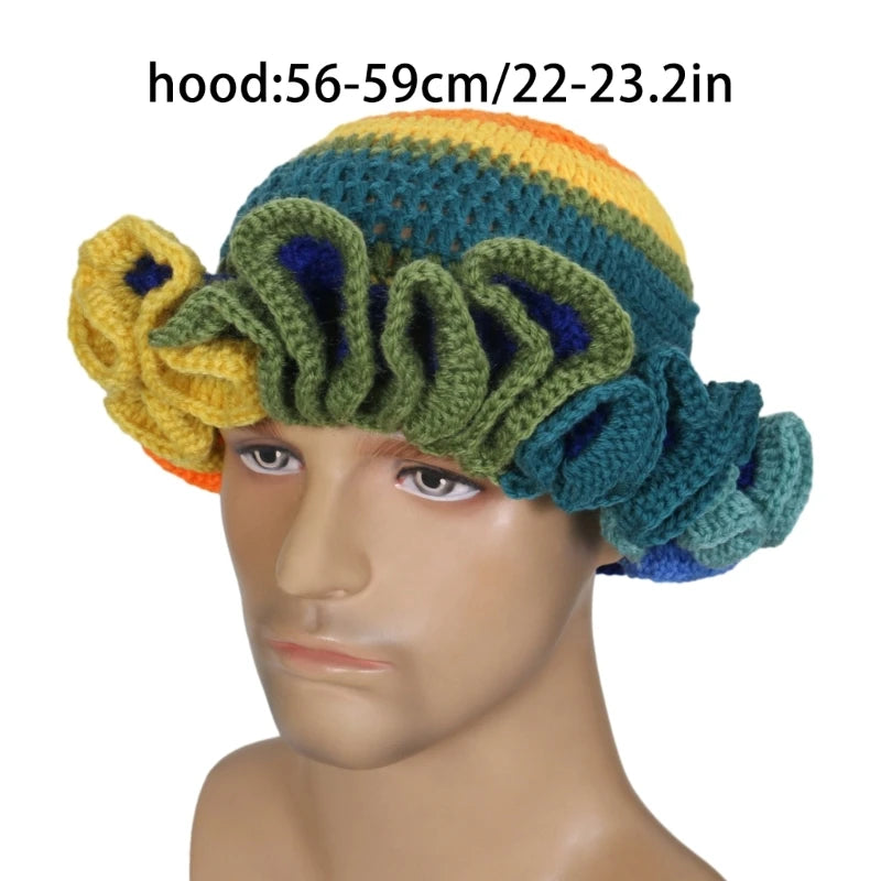 A stylish Ruffled Handmade Knit Bucket Hat with a unique ruffled brim, perfect for winter wear.