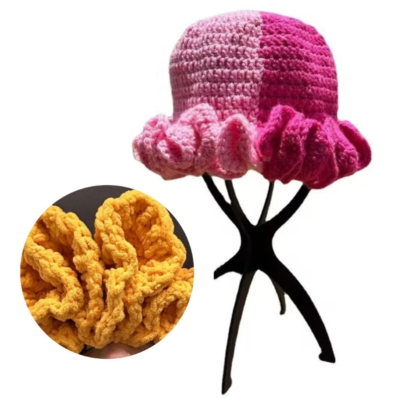 A stylish Ruffled Handmade Knit Bucket Hat with a unique ruffled brim, perfect for winter wear.