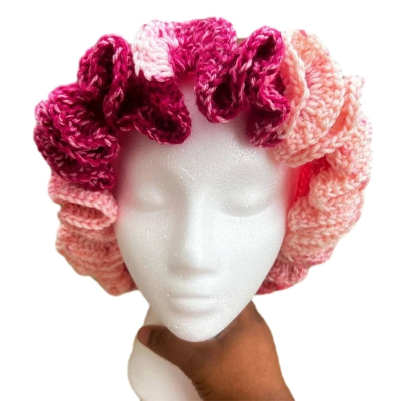 A stylish Ruffled Handmade Knit Bucket Hat with a unique ruffled brim, perfect for winter wear.