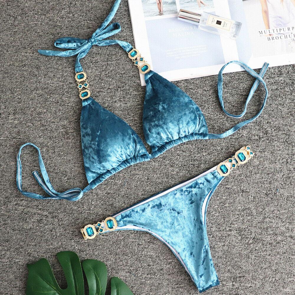 A stylish Sexy Summer Women's Bandage Bikini Set in luxurious velvet, featuring a high waist and padded cups, perfect for summer swimwear.