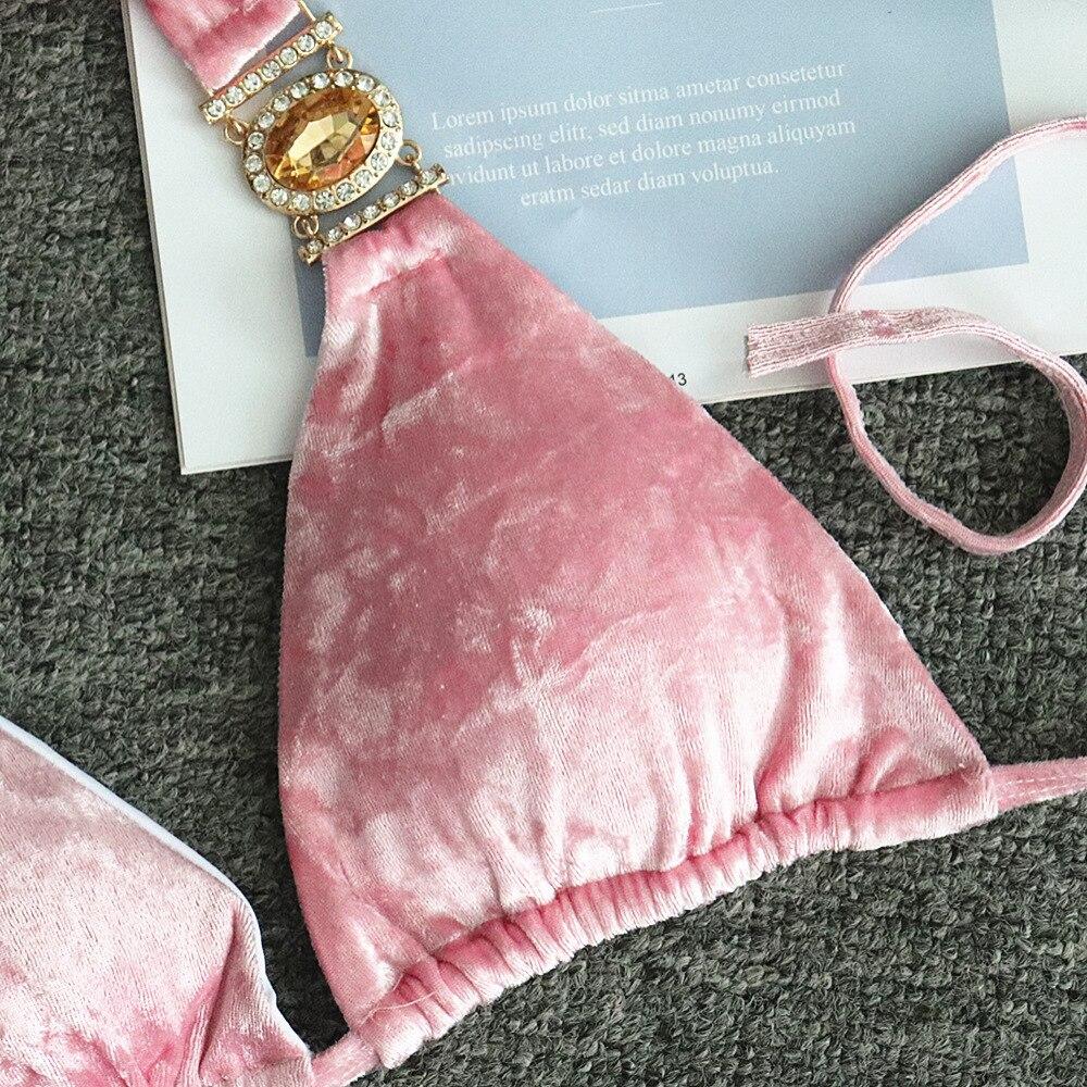 A stylish Sexy Summer Women's Bandage Bikini Set in luxurious velvet, featuring a high waist and padded cups, perfect for summer swimwear.