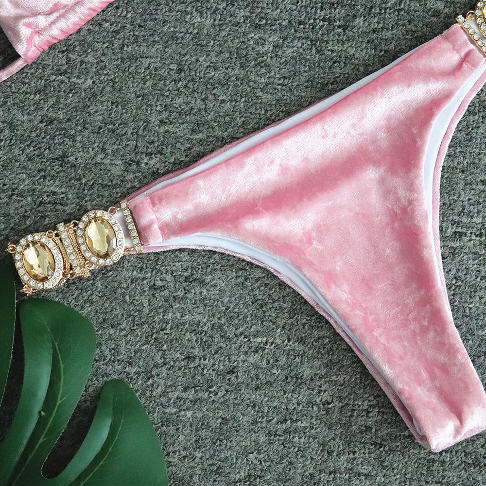 A stylish Sexy Summer Women's Bandage Bikini Set in luxurious velvet, featuring a high waist and padded cups, perfect for summer swimwear.