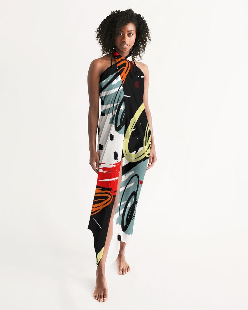 A vibrant sheer circular multicolor red swimsuit cover up, featuring an abstract design in black, gray, and white, perfect for beachwear.