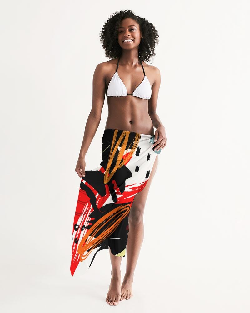 A vibrant sheer circular multicolor red swimsuit cover up, featuring an abstract design in black, gray, and white, perfect for beachwear.