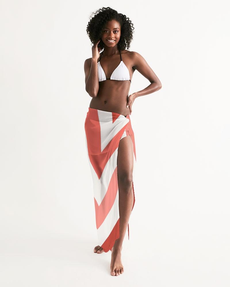 A stylish sheer red and white herringbone swimsuit cover up, lightweight and flowy, perfect for beach or poolside wear.