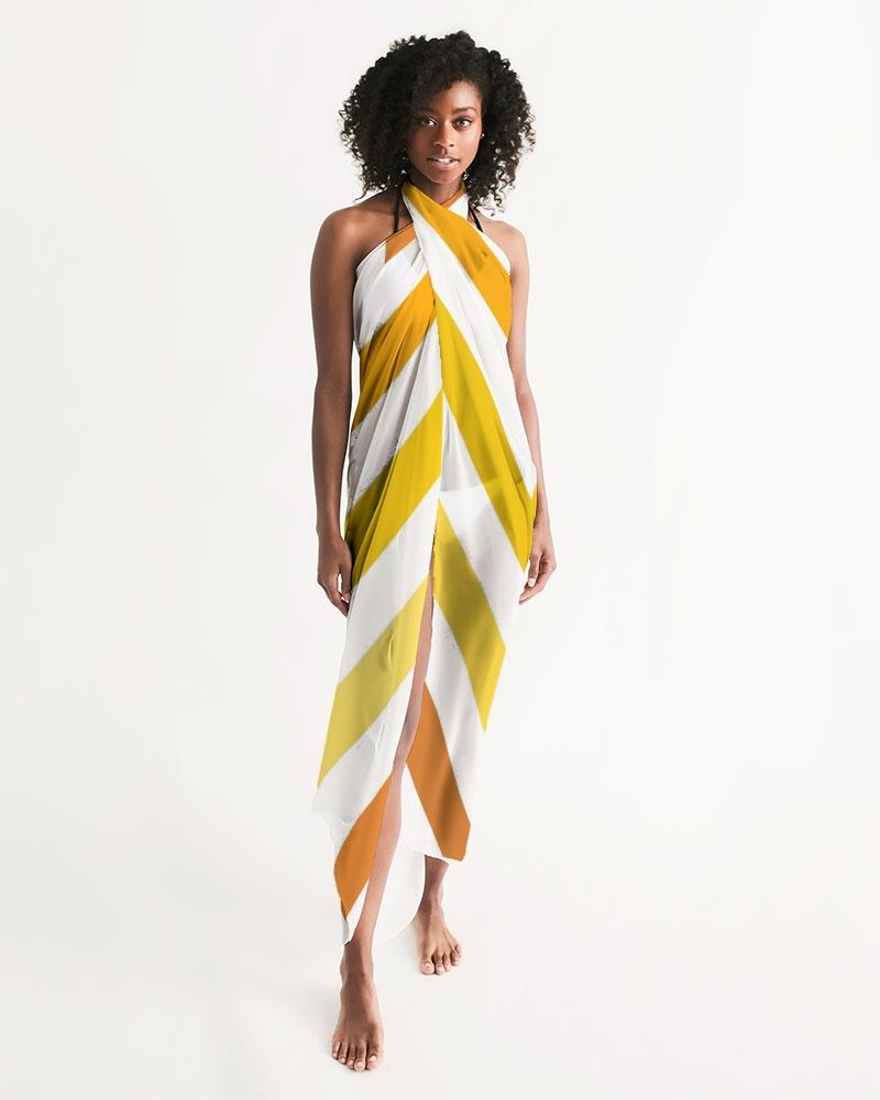 A stylish sheer yellow and white herringbone swimsuit cover up, showcasing its lightweight fabric and self-tie closure, perfect for beach outings.