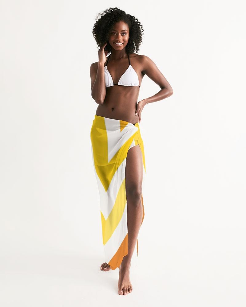 A stylish sheer yellow and white herringbone swimsuit cover up, showcasing its lightweight fabric and self-tie closure, perfect for beach outings.