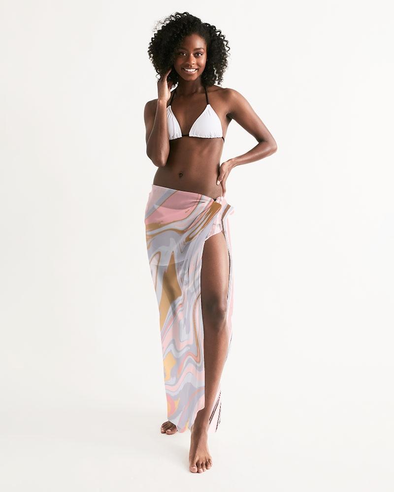 Sheer Love Marble Swimsuit Cover Up featuring pink and white marble swirl design, lightweight fabric, and self-tie closure, perfect for beach or pool.