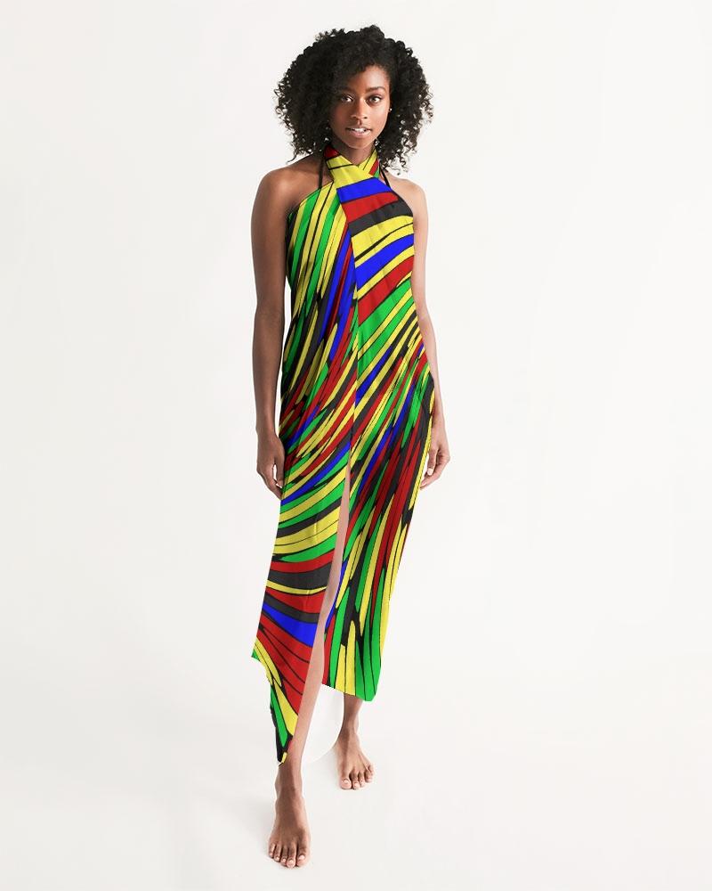 A vibrant sheer multicolor swimsuit cover up with a colorful swirl print, showcasing its lightweight and flowy fabric.