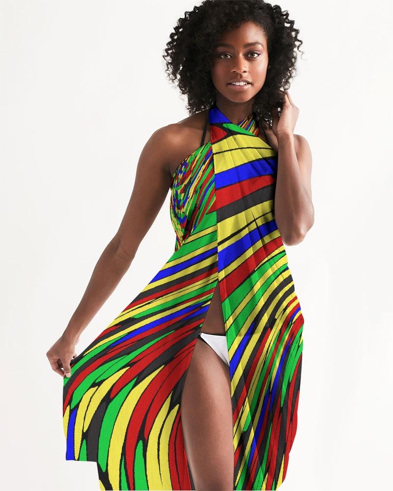 A vibrant sheer multicolor swimsuit cover up with a colorful swirl print, showcasing its lightweight and flowy fabric.