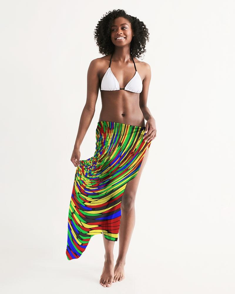 A vibrant sheer multicolor swimsuit cover up with a colorful swirl print, showcasing its lightweight and flowy fabric.