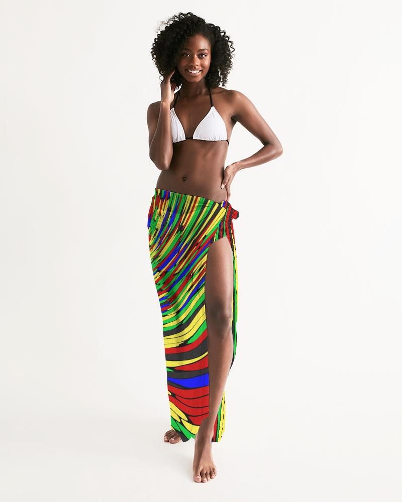 A vibrant sheer multicolor swimsuit cover up with a colorful swirl print, showcasing its lightweight and flowy fabric.