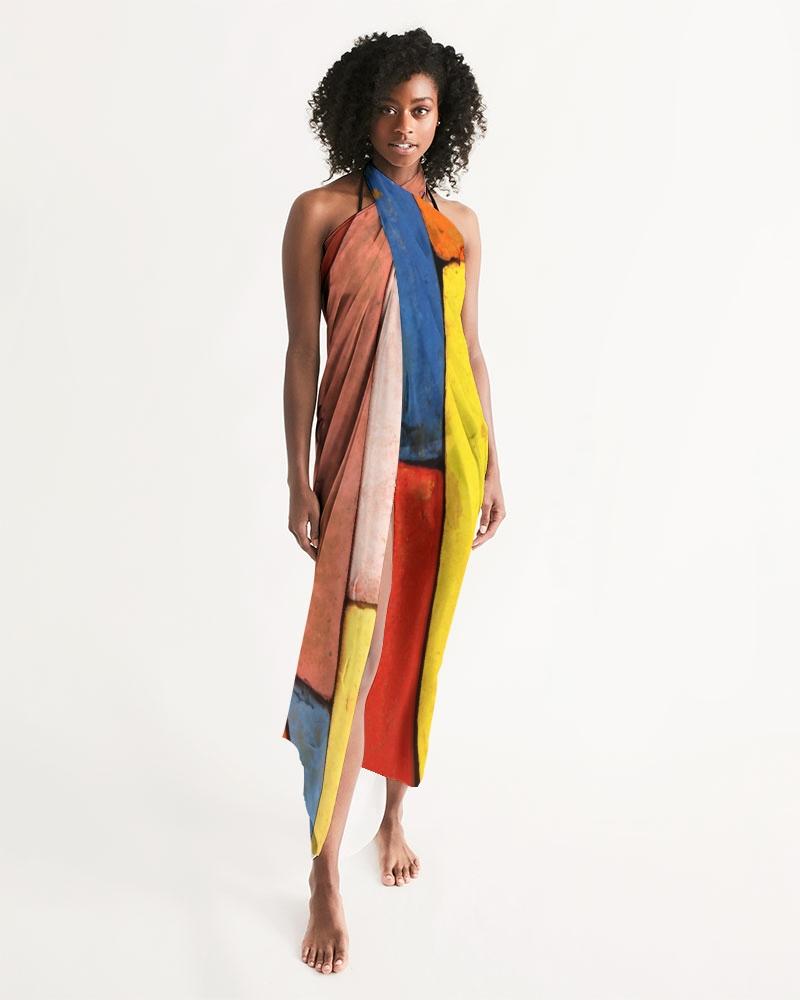 A vibrant block multicolor sheer sarong swimsuit cover up wrap, showcasing its lightweight and flowy fabric, perfect for beach or pool wear.