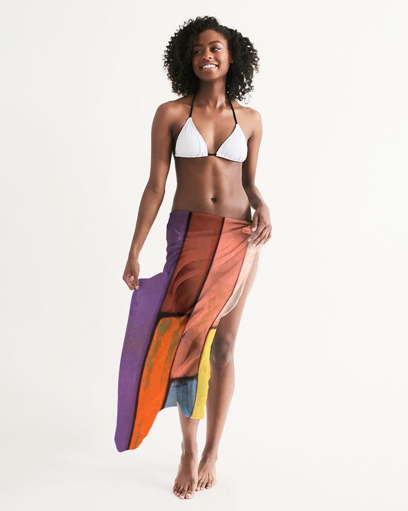 A vibrant block multicolor sheer sarong swimsuit cover up wrap, showcasing its lightweight and flowy fabric, perfect for beach or pool wear.