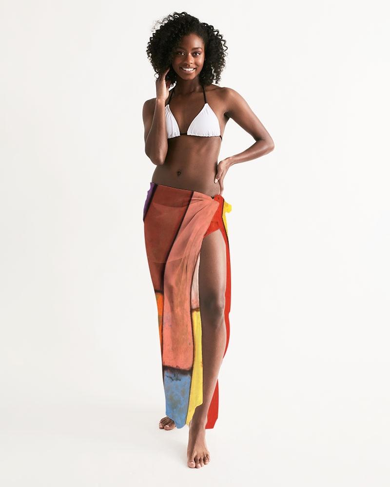 A vibrant block multicolor sheer sarong swimsuit cover up wrap, showcasing its lightweight and flowy fabric, perfect for beach or pool wear.