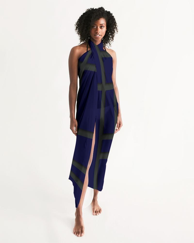 A sheer sarong swimsuit cover up wrap featuring a geometric dark blue and green design, perfect for beach and poolside wear.