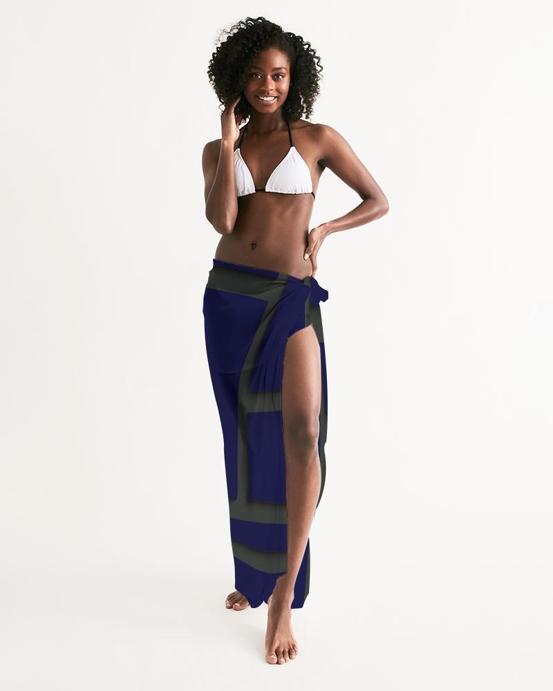 A sheer sarong swimsuit cover up wrap featuring a geometric dark blue and green design, perfect for beach and poolside wear.