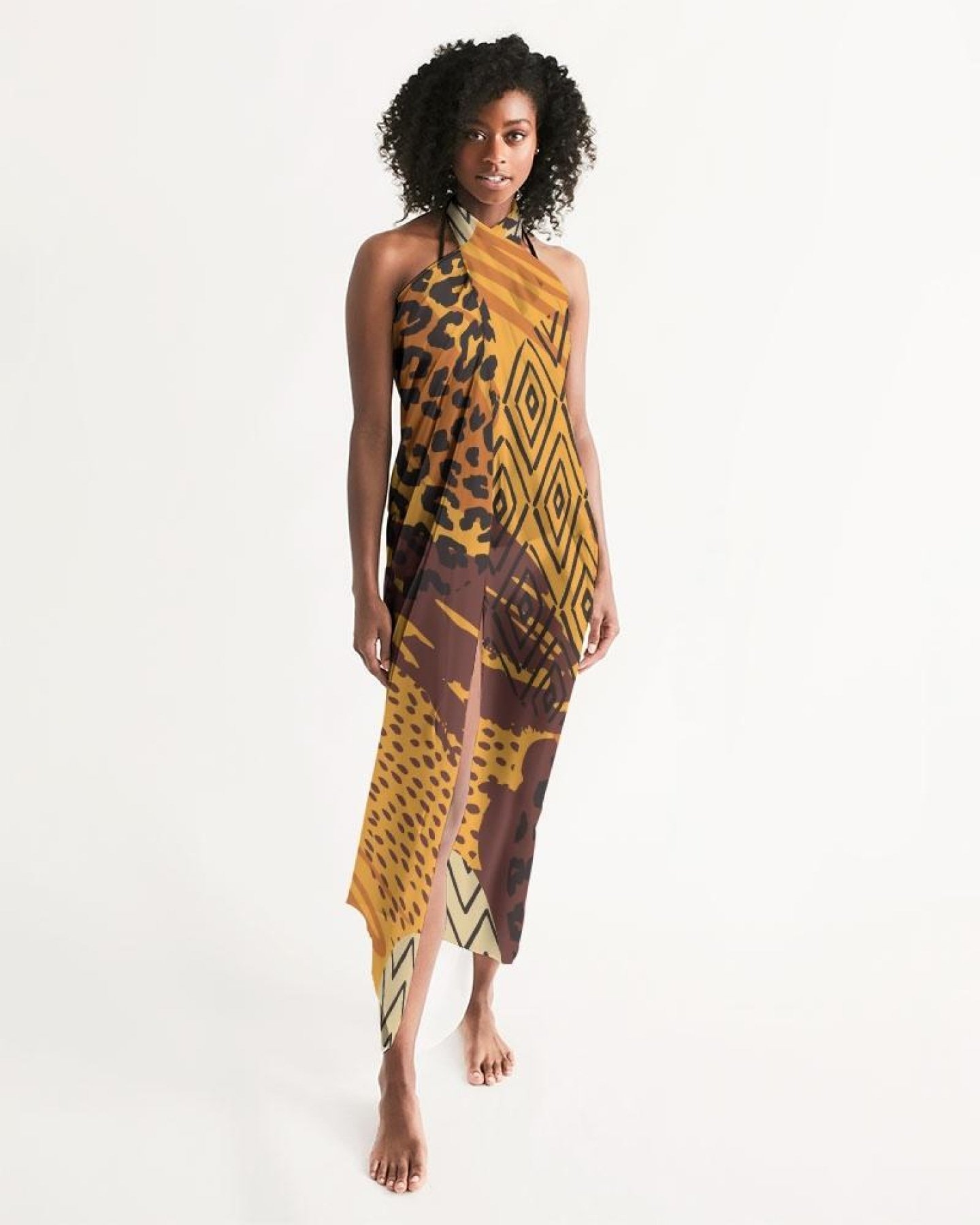 A vibrant orange sheer swimsuit cover up with an abstract print, showcasing its lightweight fabric and self-tie closure, perfect for beach or pool wear.