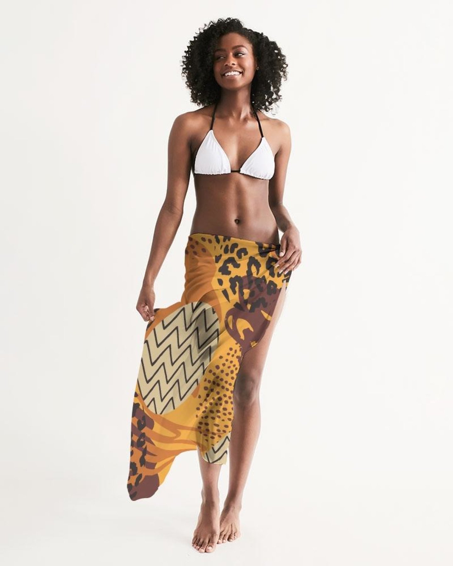 A vibrant orange sheer swimsuit cover up with an abstract print, showcasing its lightweight fabric and self-tie closure, perfect for beach or pool wear.