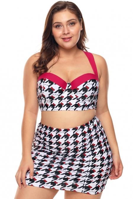 A stylish plus size skirt swimwear featuring a cute black and white kitty print, with padded underwire cups and a matching high waist bodycon skirt.