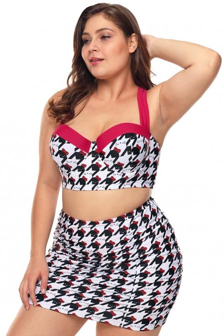 A stylish plus size skirt swimwear featuring a cute black and white kitty print, with padded underwire cups and a matching high waist bodycon skirt.