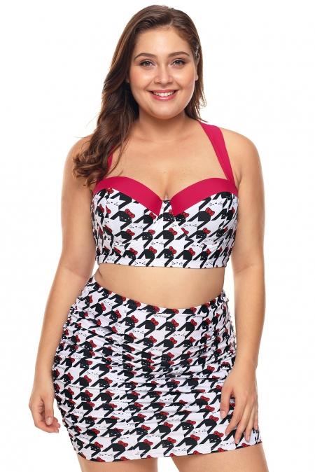 A stylish plus size skirt swimwear featuring a cute black and white kitty print, with padded underwire cups and a matching high waist bodycon skirt.