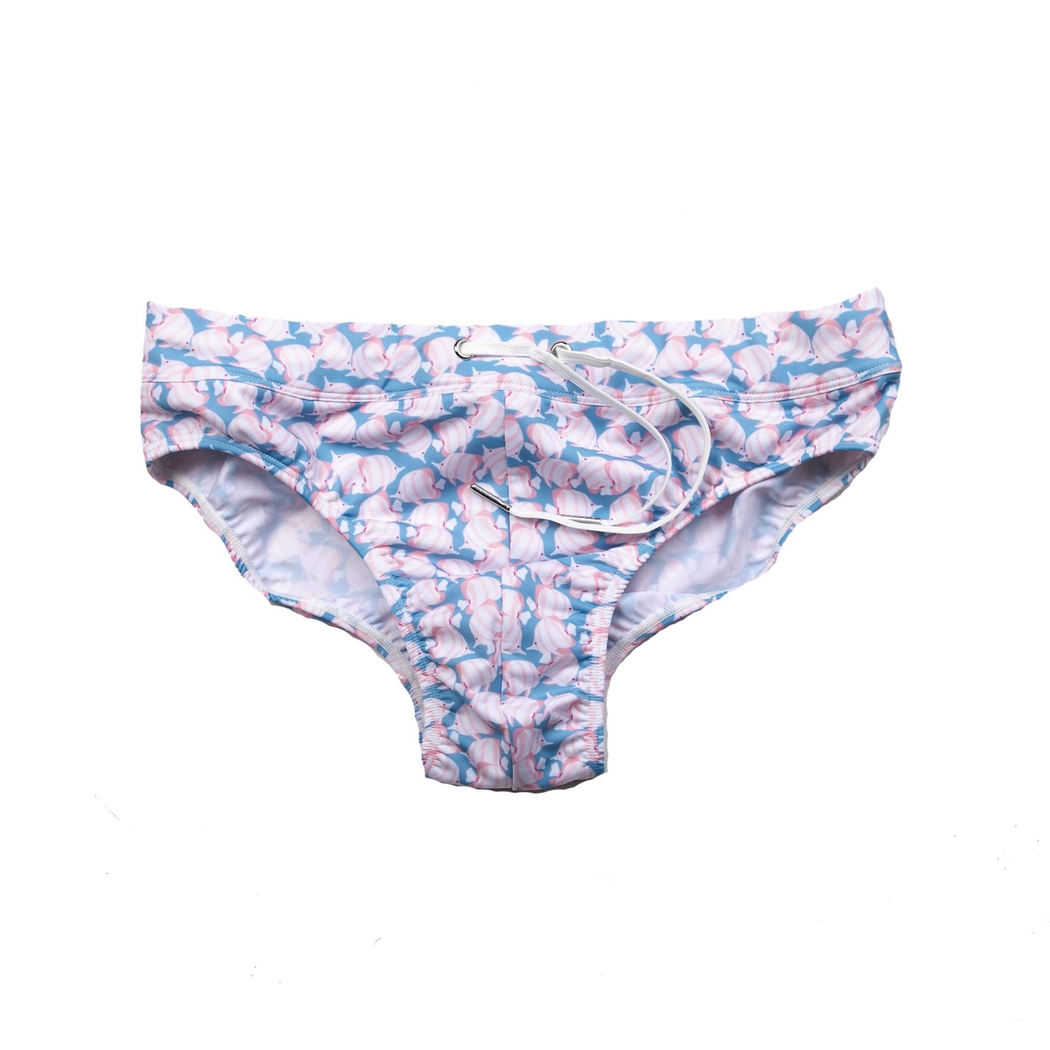 Stylish Swim Briefs featuring a vibrant fish pattern, made from stretchy and breathable fabric, perfect for summer activities.