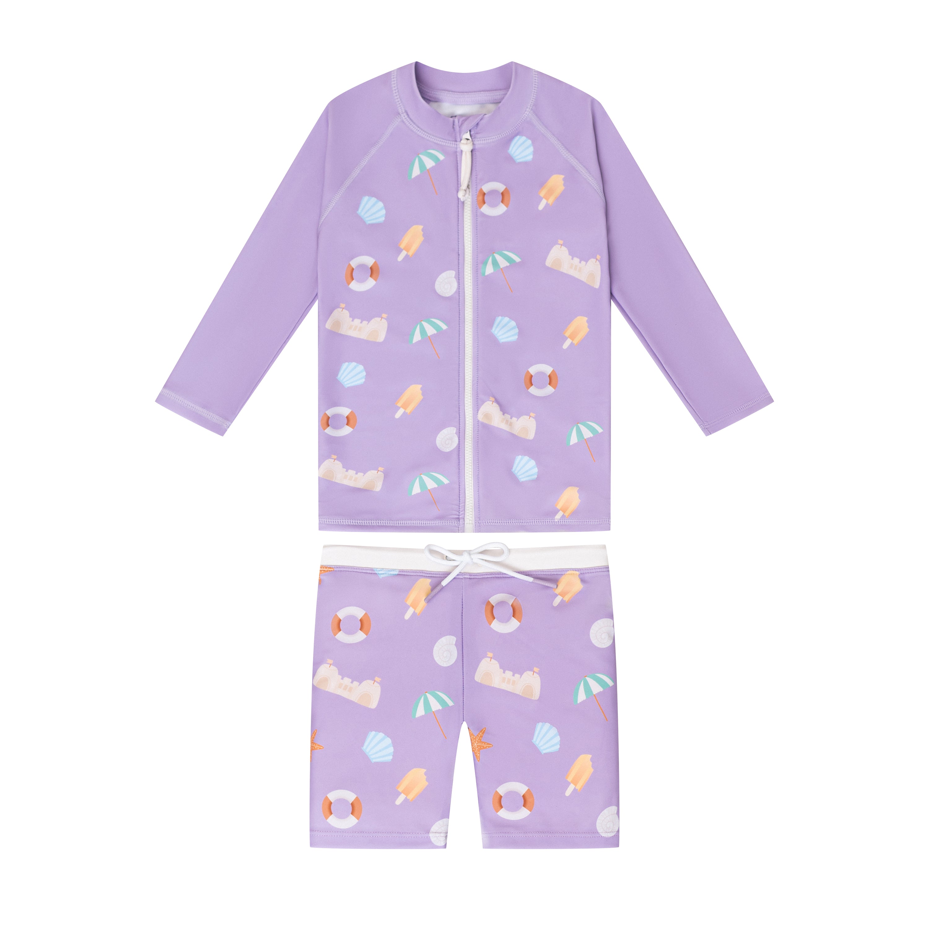 The 'Sandcastle' 2-Piece Full Zip Rash Guard Swim Set for toddlers featuring colorful pony, horse, and unicorn designs, perfect for sun protection.