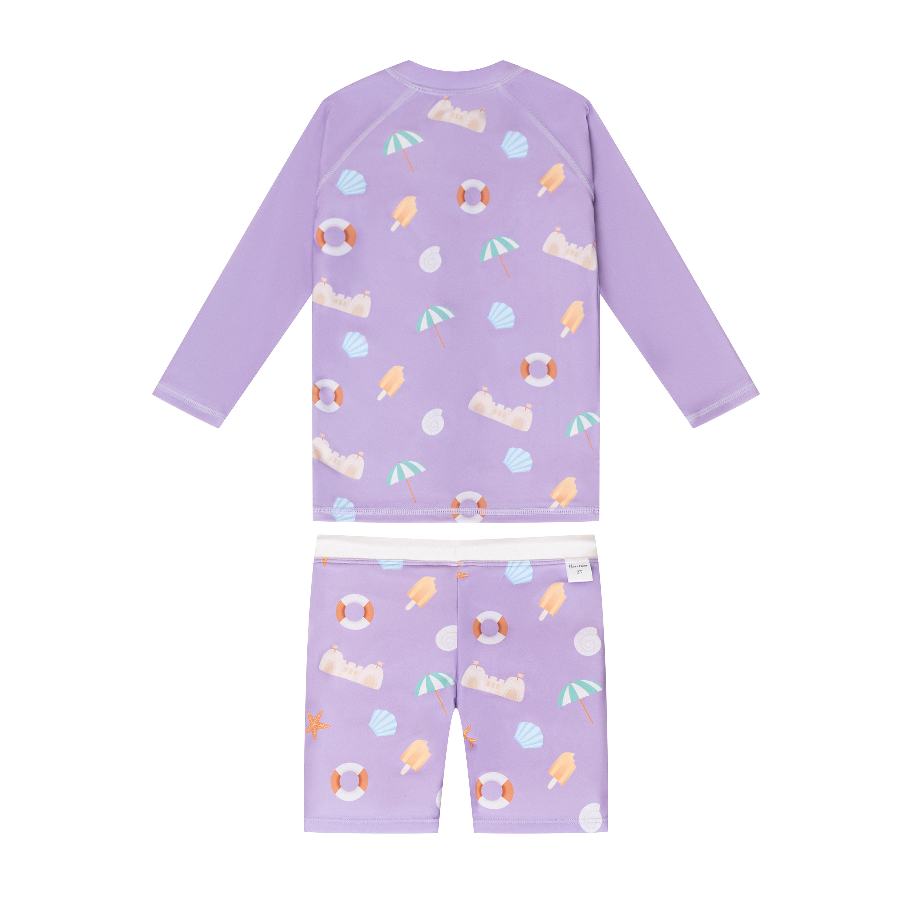 The 'Sandcastle' 2-Piece Full Zip Rash Guard Swim Set for toddlers featuring colorful pony, horse, and unicorn designs, perfect for sun protection.