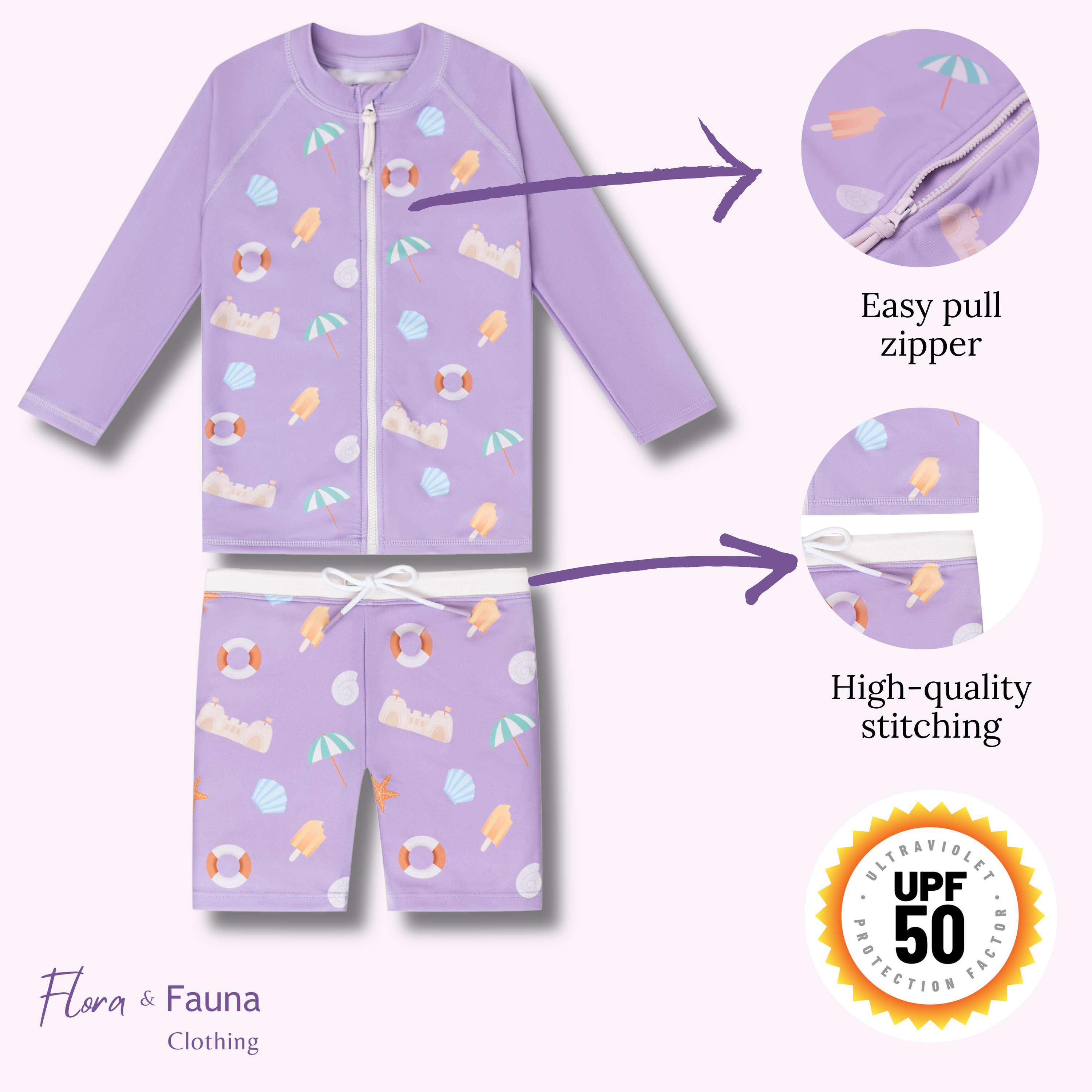 The 'Sandcastle' 2-Piece Full Zip Rash Guard Swim Set for toddlers featuring colorful pony, horse, and unicorn designs, perfect for sun protection.