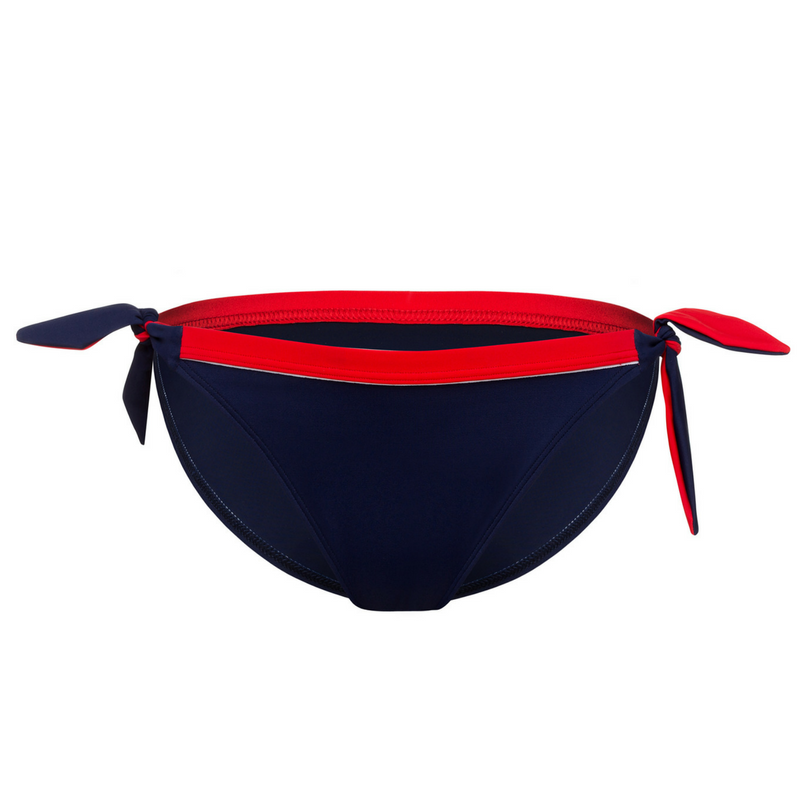 Lauma Swim Tie Side Low Rise Bikini Bottom in navy blue with red accent, showcasing a stylish sailor design and comfortable fit.