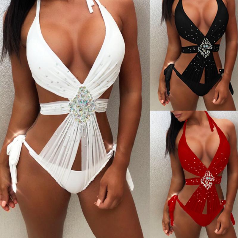 Women Sequin Rhinestone One Piece swimsuit featuring a sexy crystal diamond push-up design, perfect for summer beach outings.