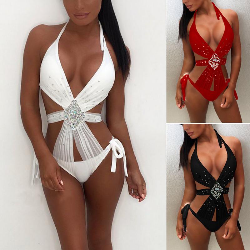 Women Sequin Rhinestone One Piece swimsuit featuring a sexy crystal diamond push-up design, perfect for summer beach outings.