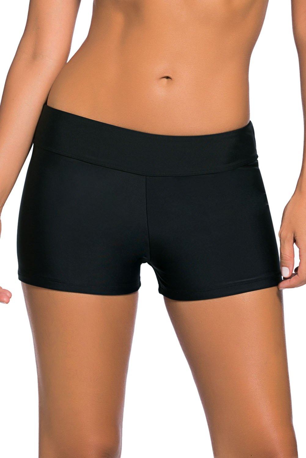 Womens Black Wide Waistband Swimsuit Bottom Shorts displayed on a white background, showcasing the stretchy fabric and wide waistband design.