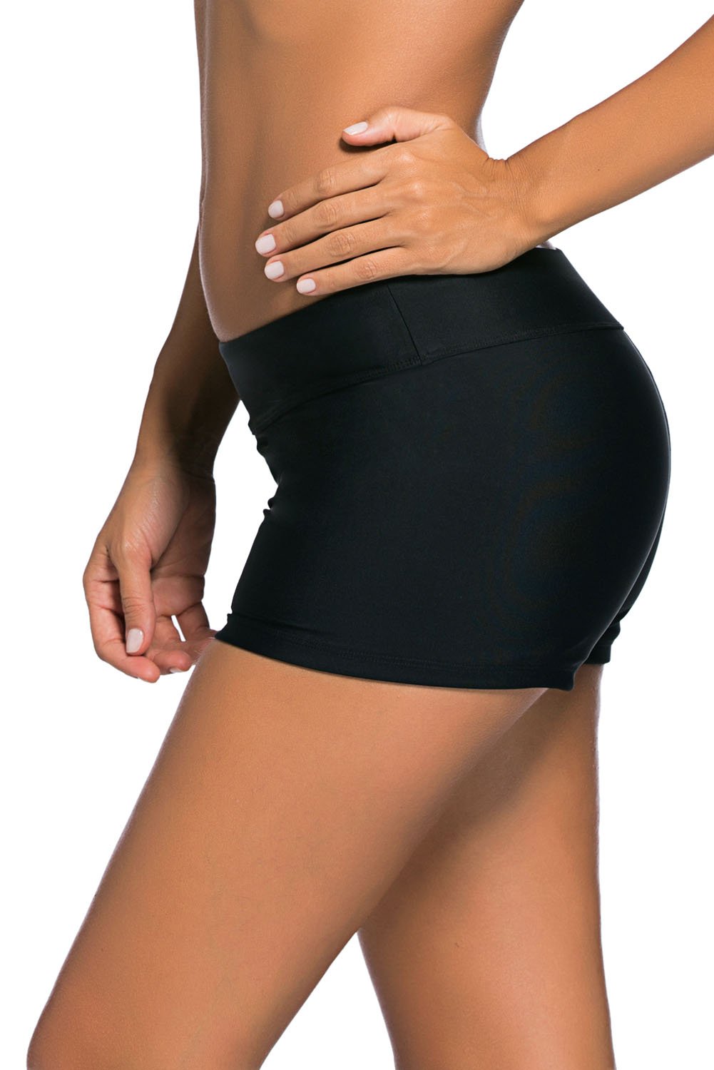 Womens Black Wide Waistband Swimsuit Bottom Shorts displayed on a white background, showcasing the stretchy fabric and wide waistband design.