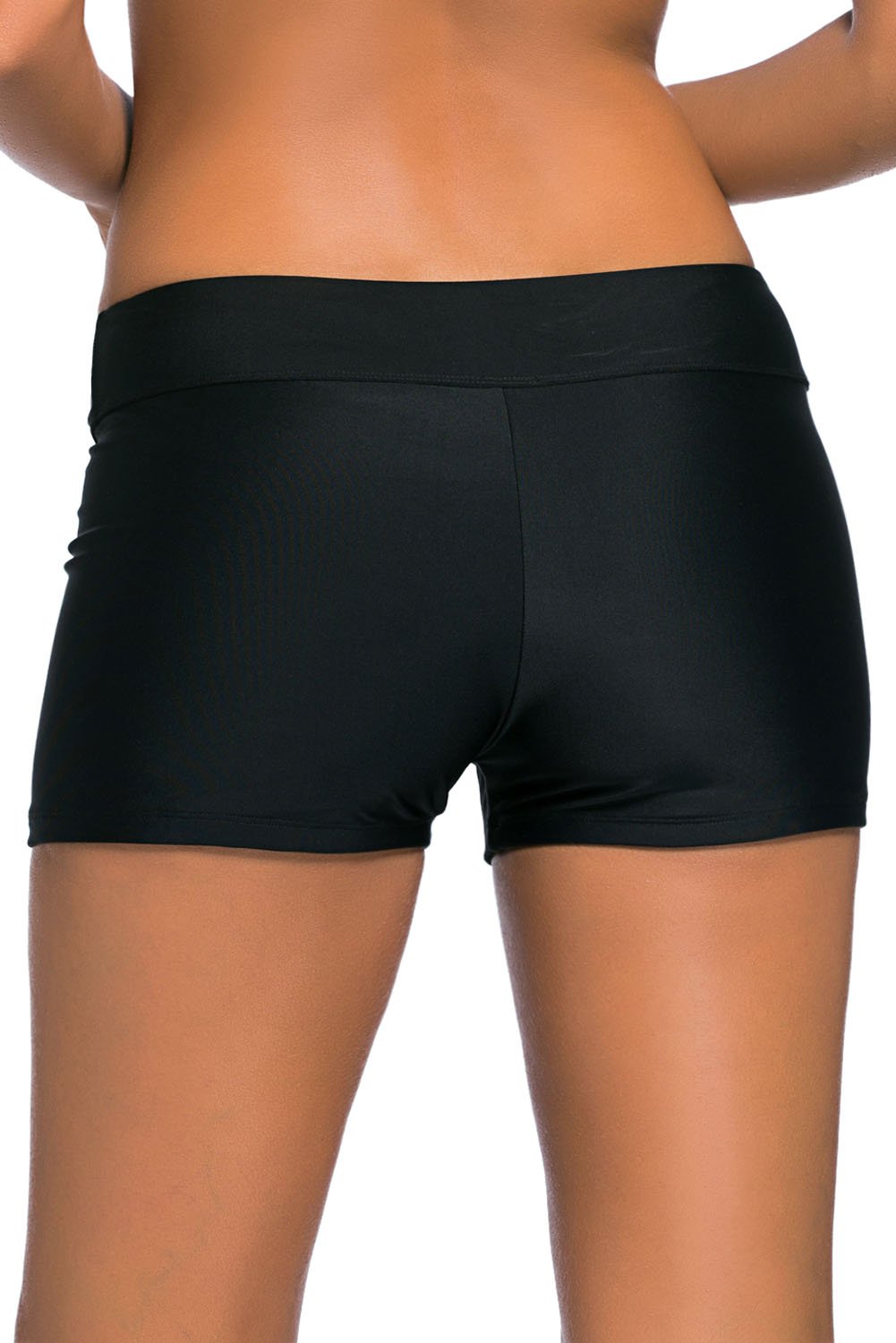 Womens Black Wide Waistband Swimsuit Bottom Shorts displayed on a white background, showcasing the stretchy fabric and wide waistband design.