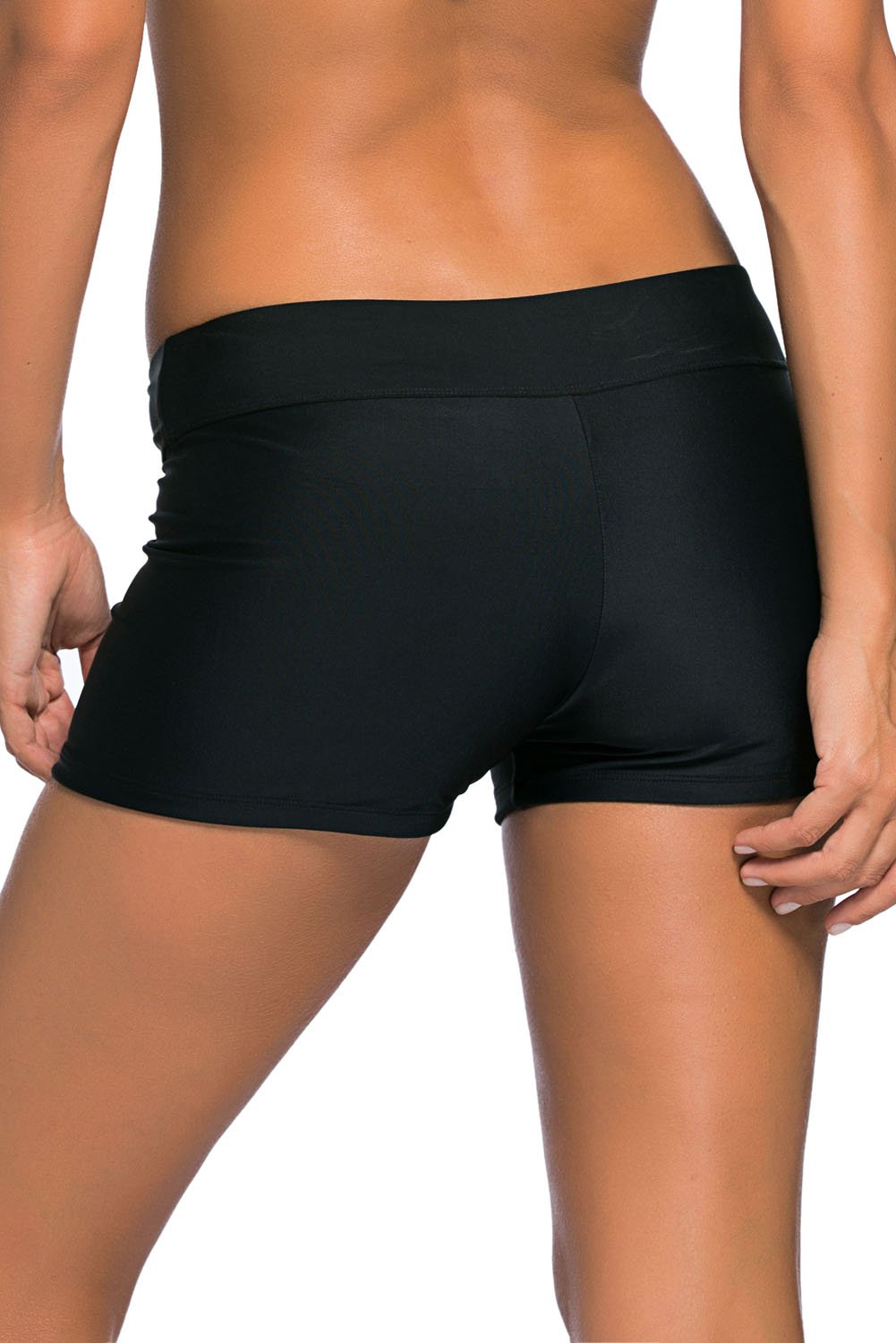 Womens Black Wide Waistband Swimsuit Bottom Shorts displayed on a white background, showcasing the stretchy fabric and wide waistband design.