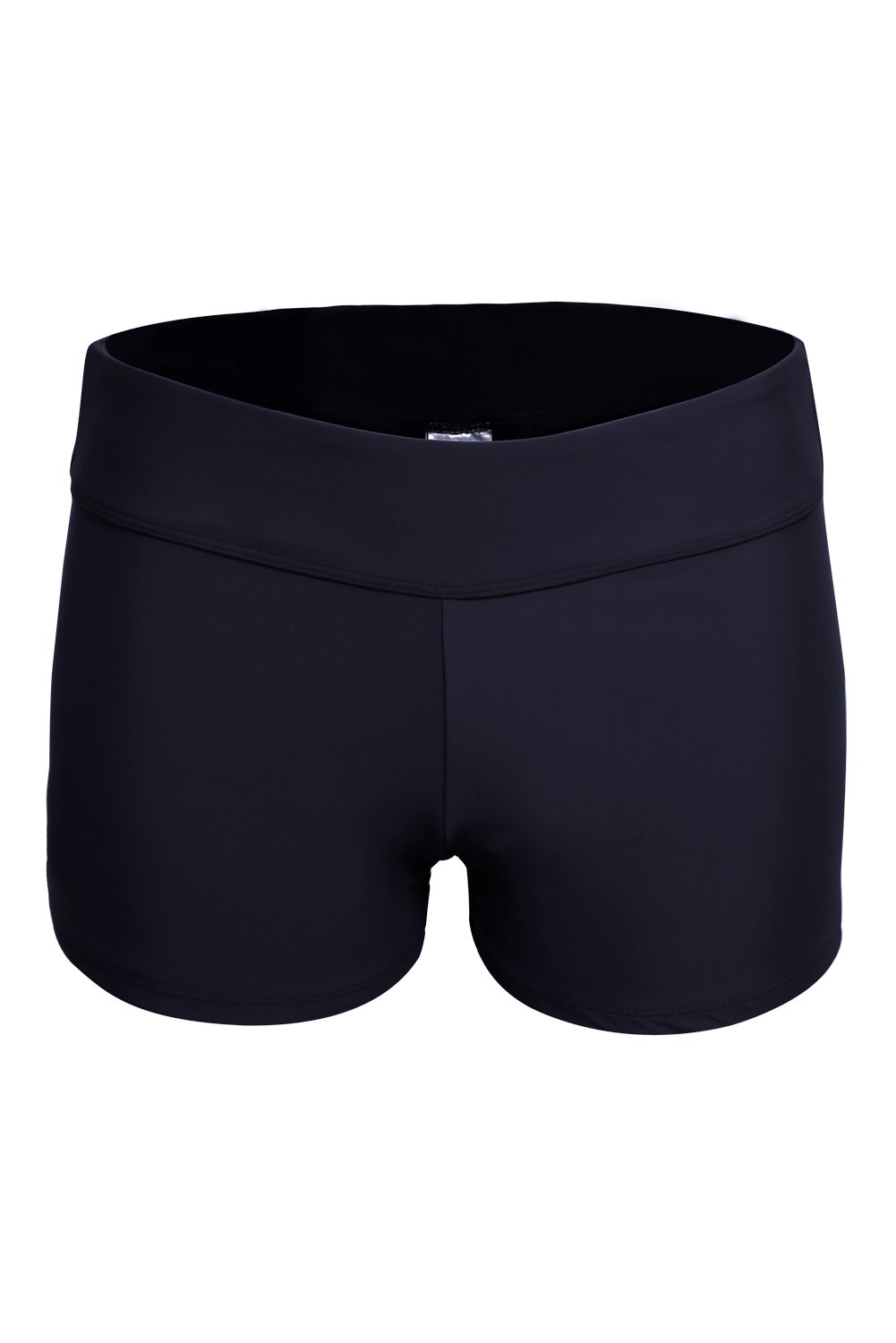 Womens Black Wide Waistband Swimsuit Bottom Shorts displayed on a white background, showcasing the stretchy fabric and wide waistband design.