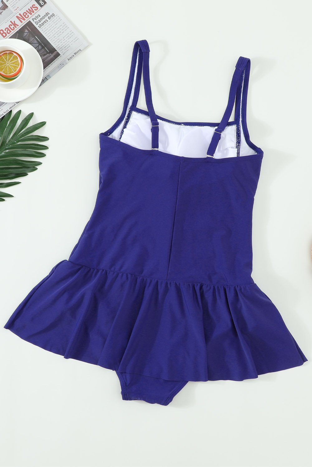 Women's Blue Padded Push Up One Piece Swimdress featuring adjustable straps and ruched design for a flattering silhouette.