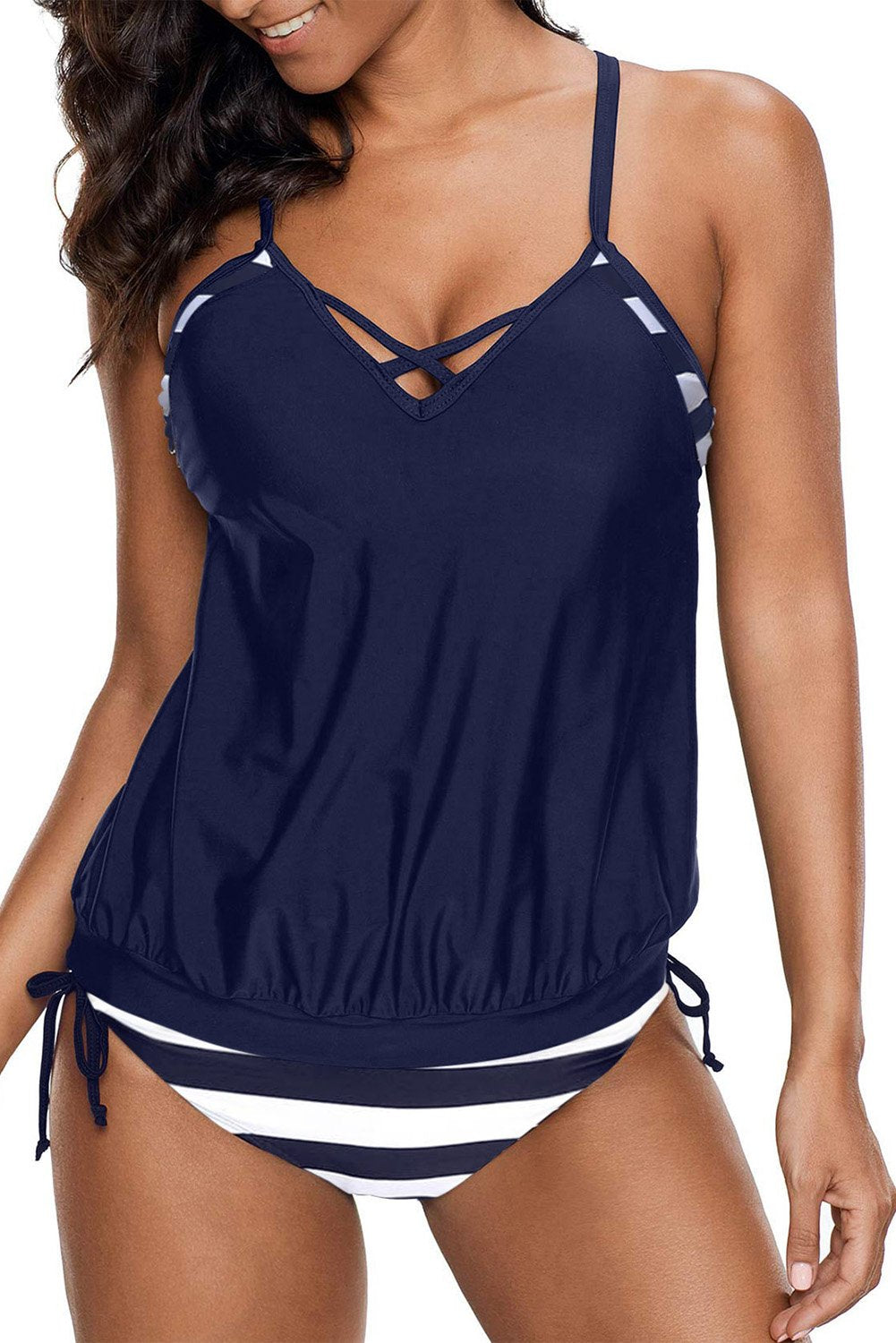 Women's Navy Blue 2 Piece Tankini featuring striped patchwork design, crisscross bust, and low rise printed panty with ties.