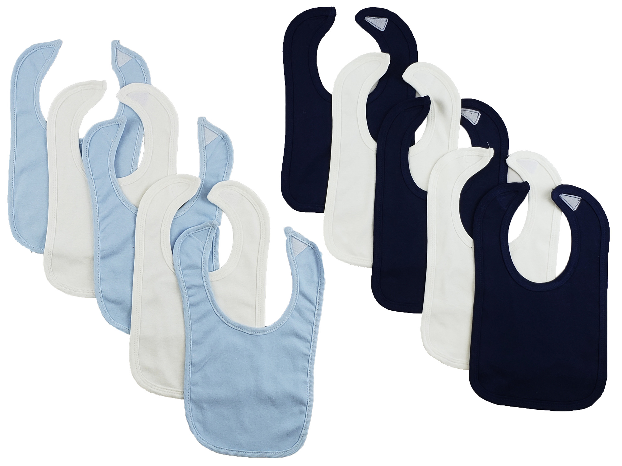 A pack of 10 colorful Bambini infant bibs with hook and loop fasteners, designed for easy cleaning and comfort during mealtime.