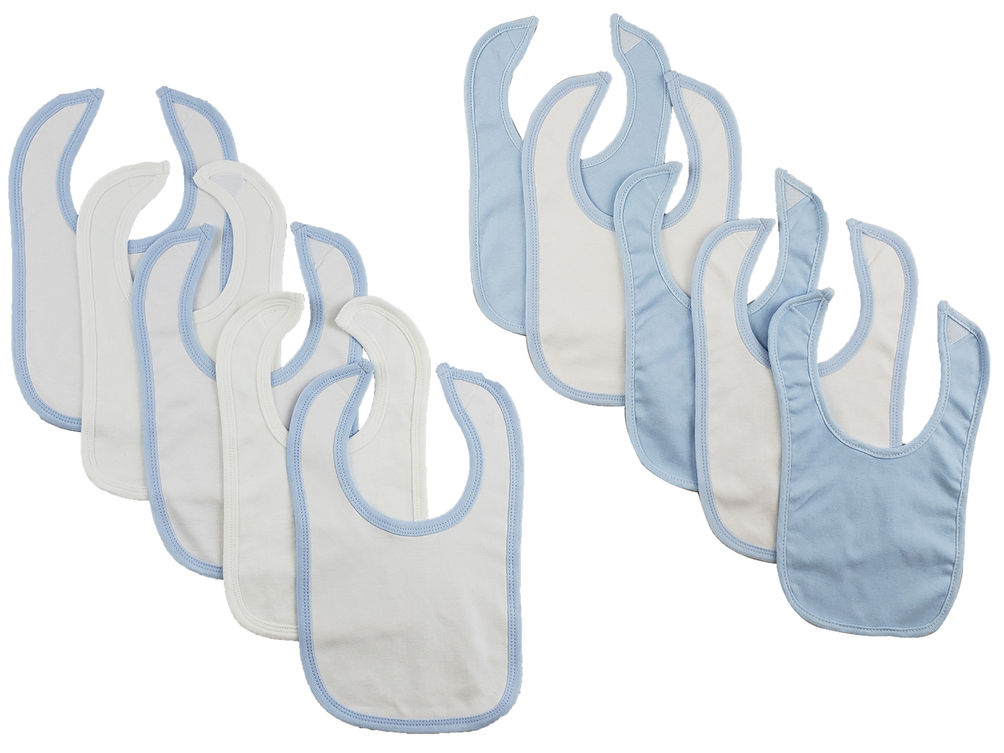 A pack of 10 colorful baby bibs with hook and loop fasteners, designed for infants and toddlers, showcasing their soft fabric and practical design.