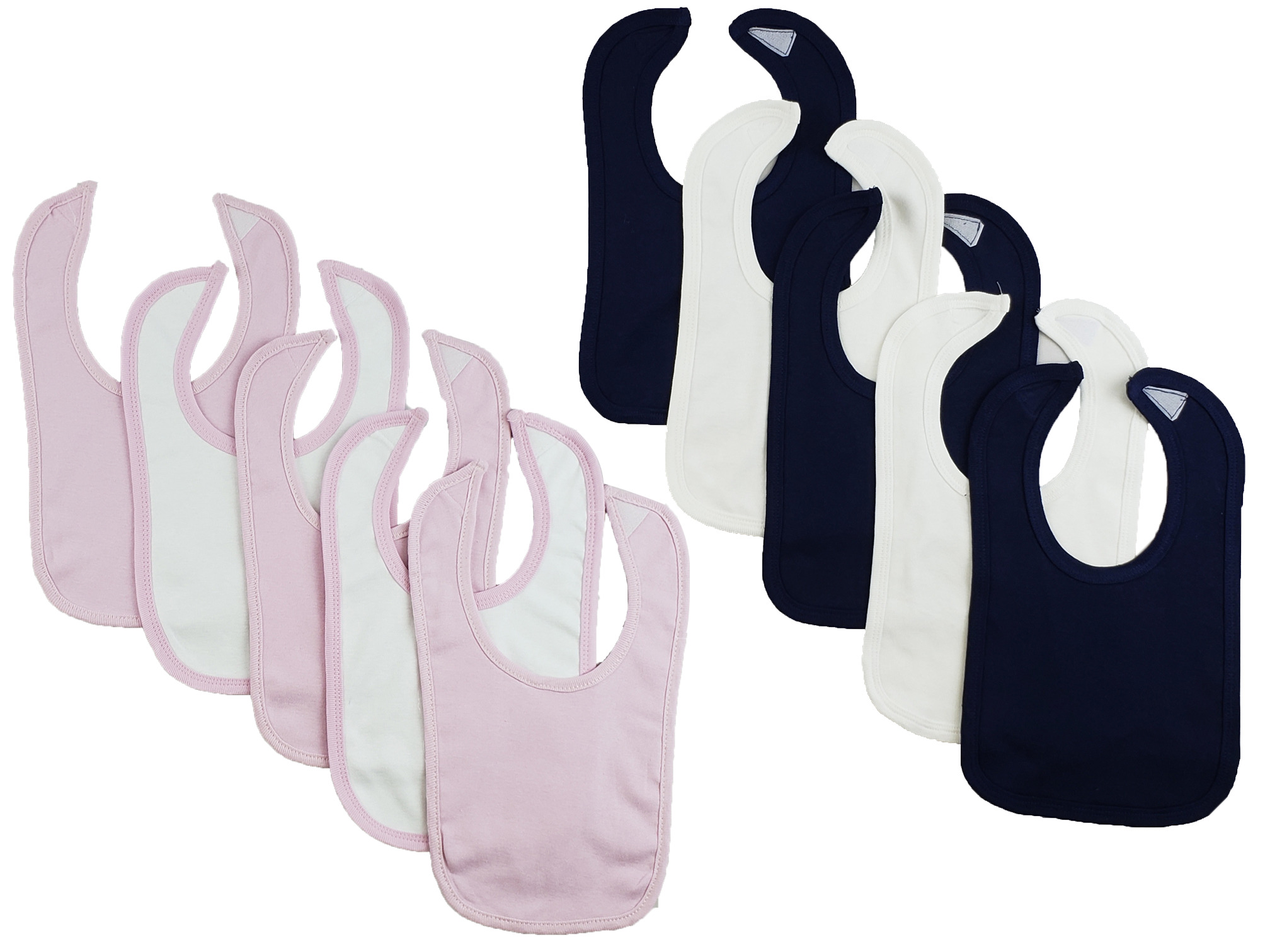 A pack of 10 colorful Bambini infant bibs with hook and loop fasteners, designed for easy feeding and cleanup.