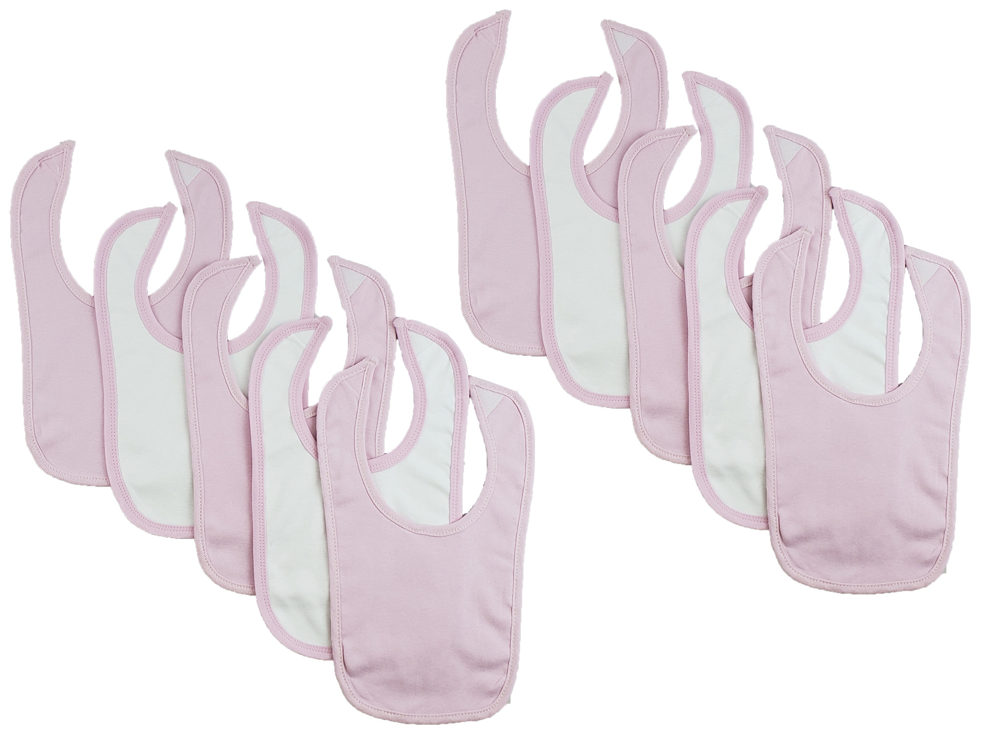 Set of 10 colorful Bambini infant bibs with hook and loop fasteners, designed for easy feeding and mess prevention.