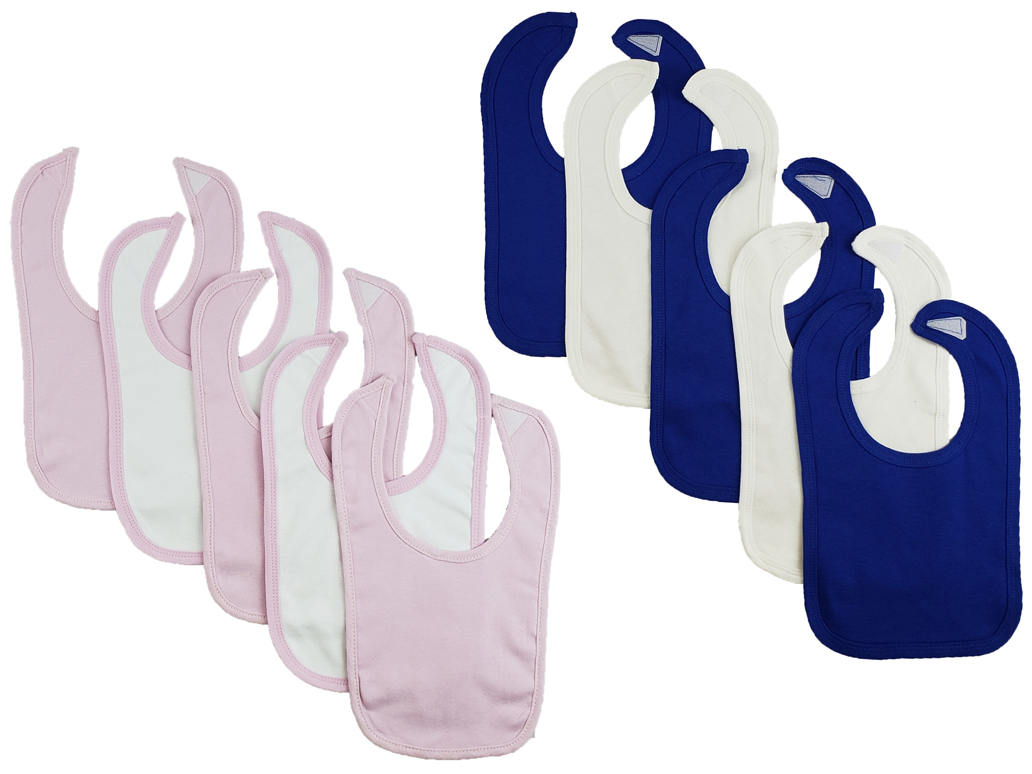 A pack of 10 colorful Bambini infant bibs with hook and loop fasteners, designed for easy feeding and cleanup.