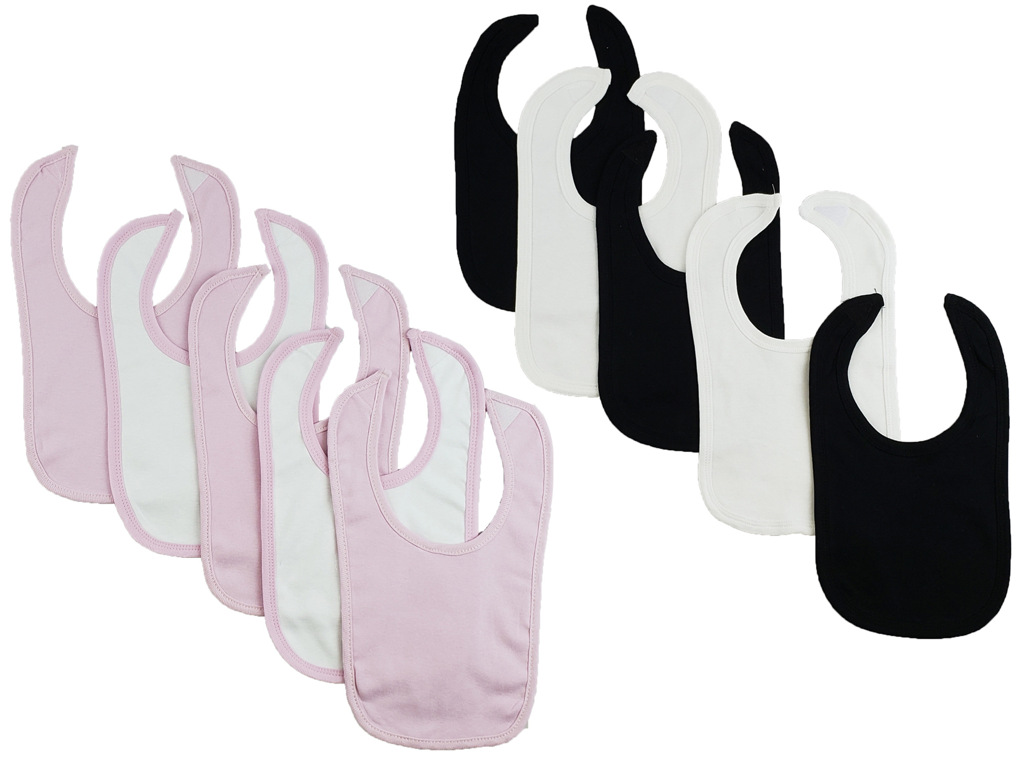 Set of 10 colorful baby bibs with hook and loop fasteners, designed for infants during mealtime.