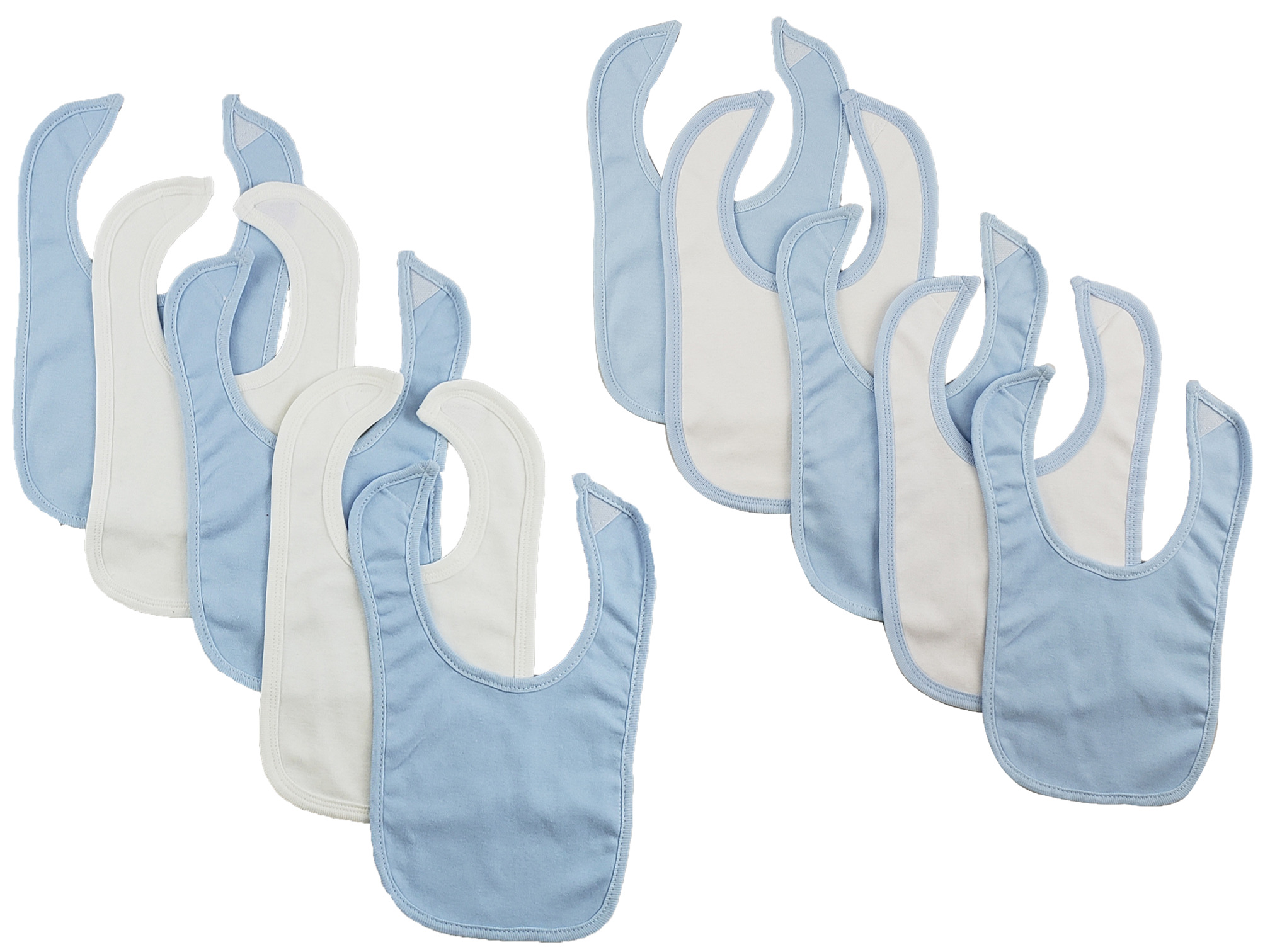 A pack of 10 colorful Bambini infant bibs with hook and loop fasteners, designed for easy feeding and cleanup.