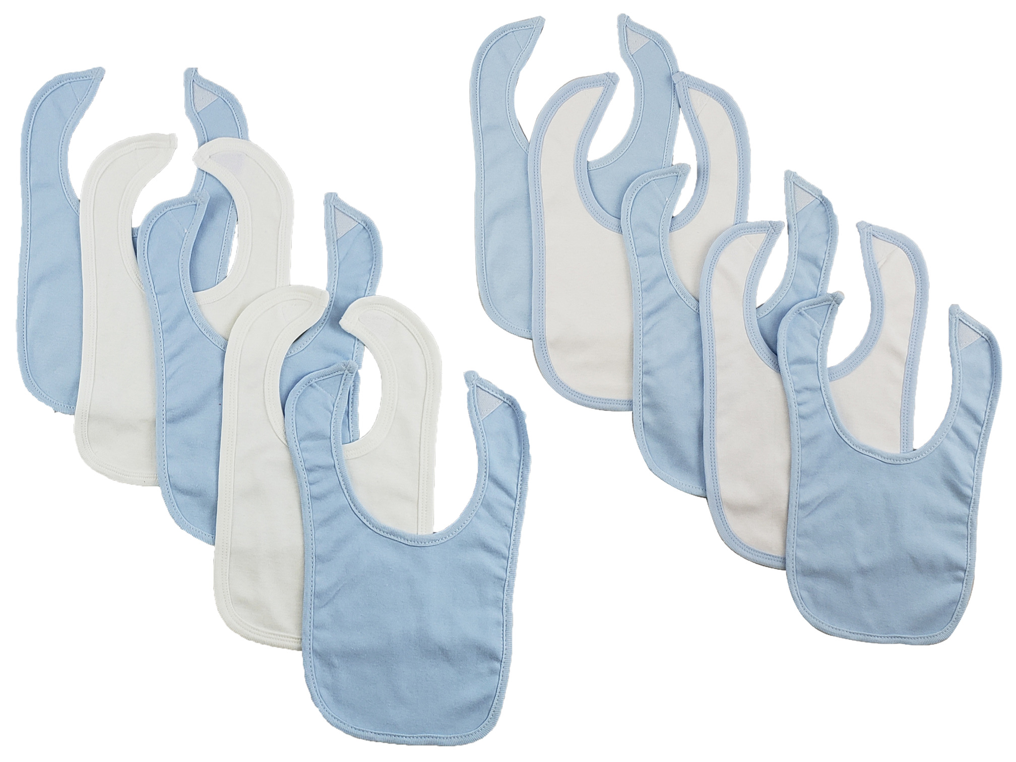 A pack of 10 colorful Bambini infant bibs with hook and loop fasteners, designed for easy feeding and cleanup.