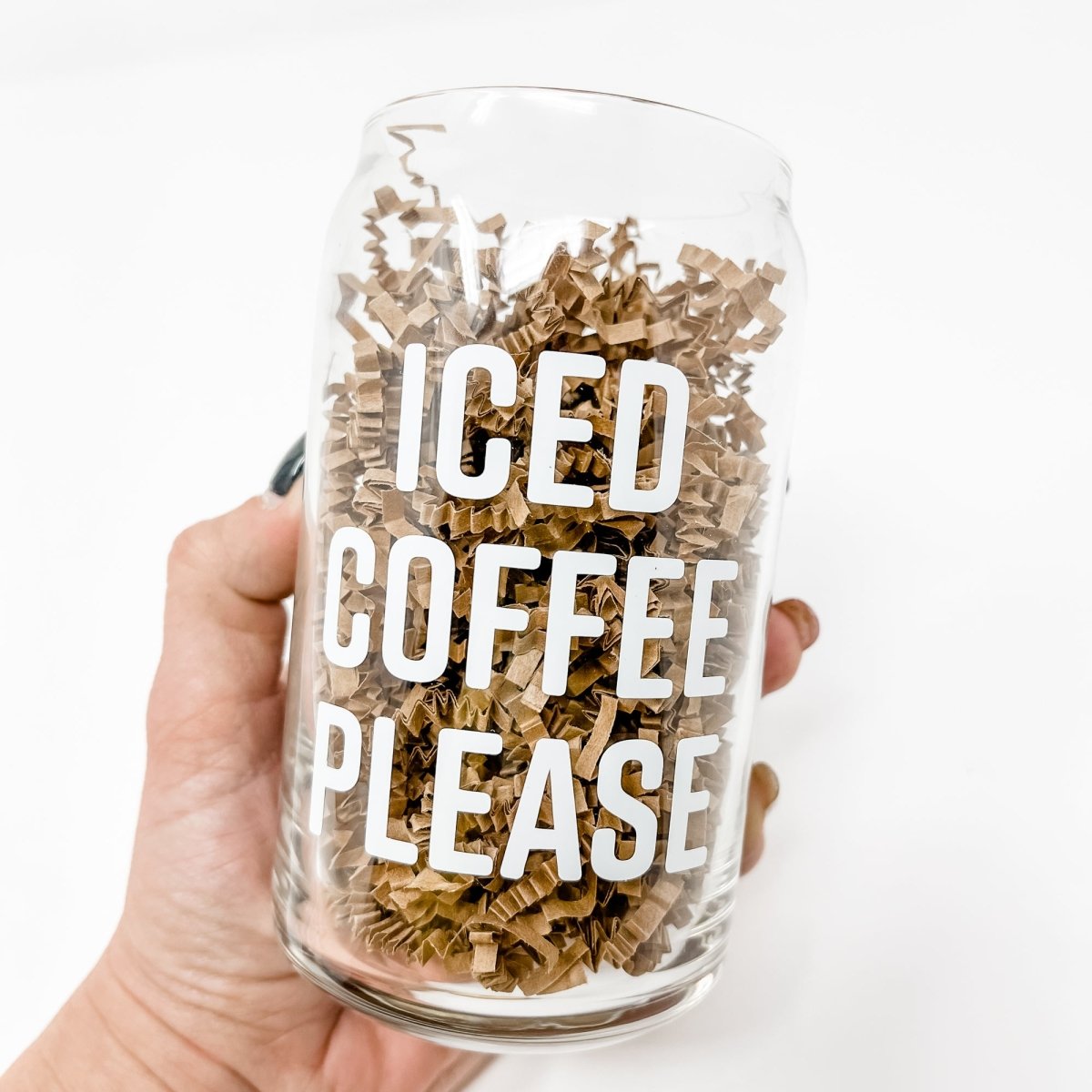 16 oz Beer Can Glass with unique vinyl design, perfect for iced coffee and cold drinks.