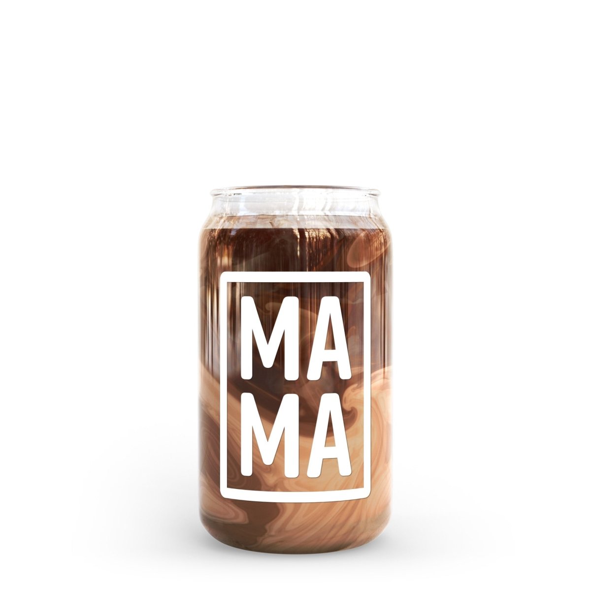 16 oz Beer Can Glass Mama showcasing a sleek design with a unique vinyl pattern, perfect for serving cold drinks.